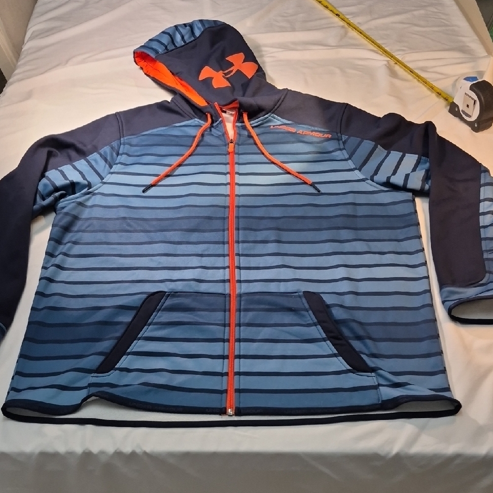 Under Armour 2XL Navy and Orange Fleece Hoodie. - Picture 4 of 15